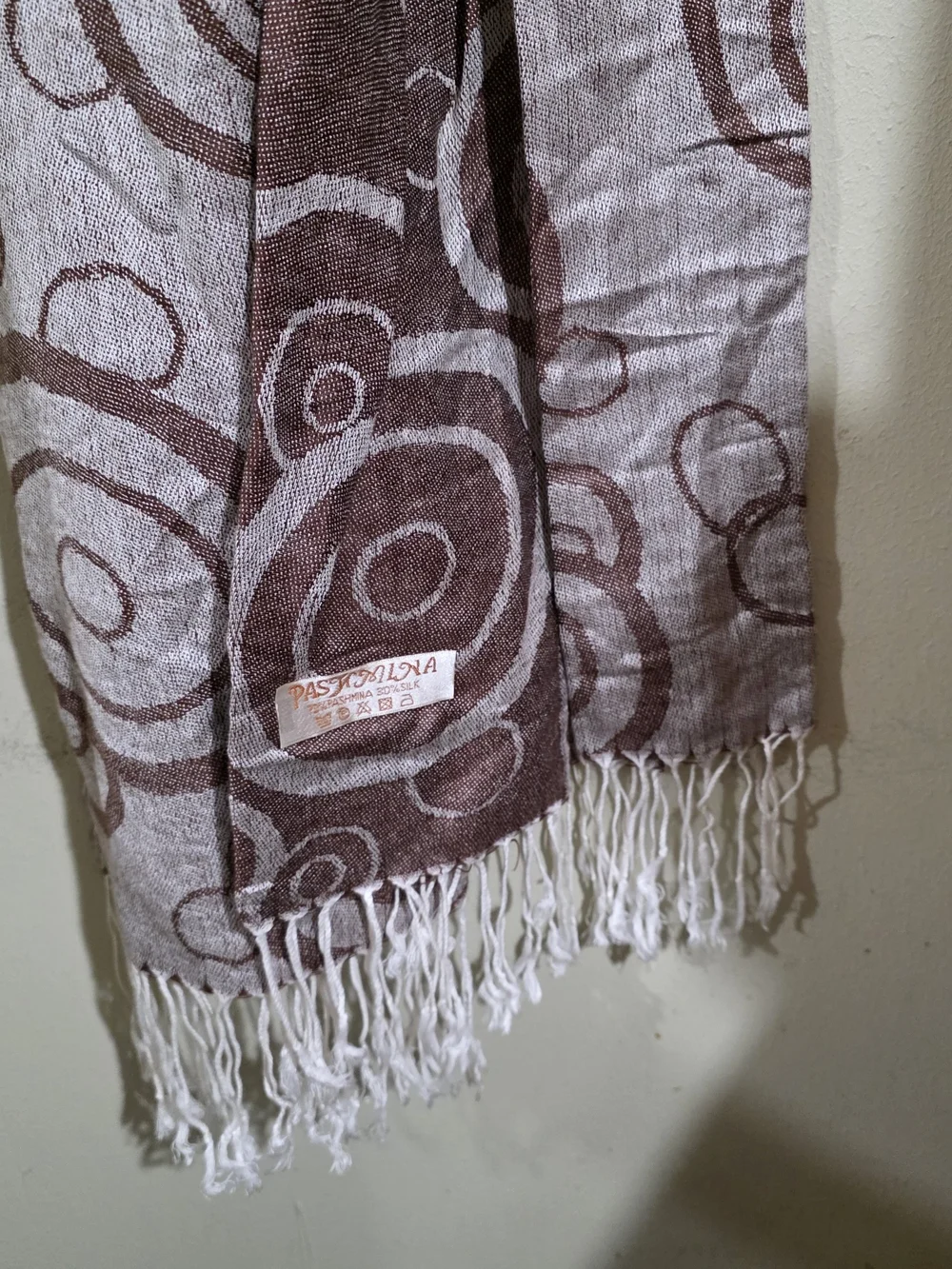 pashmina Light Gray and Brown Circular Pattern Fringe Wrap